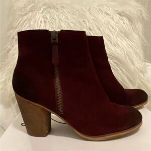 Burgundy Suede Ankle Boots with Wooden Heel